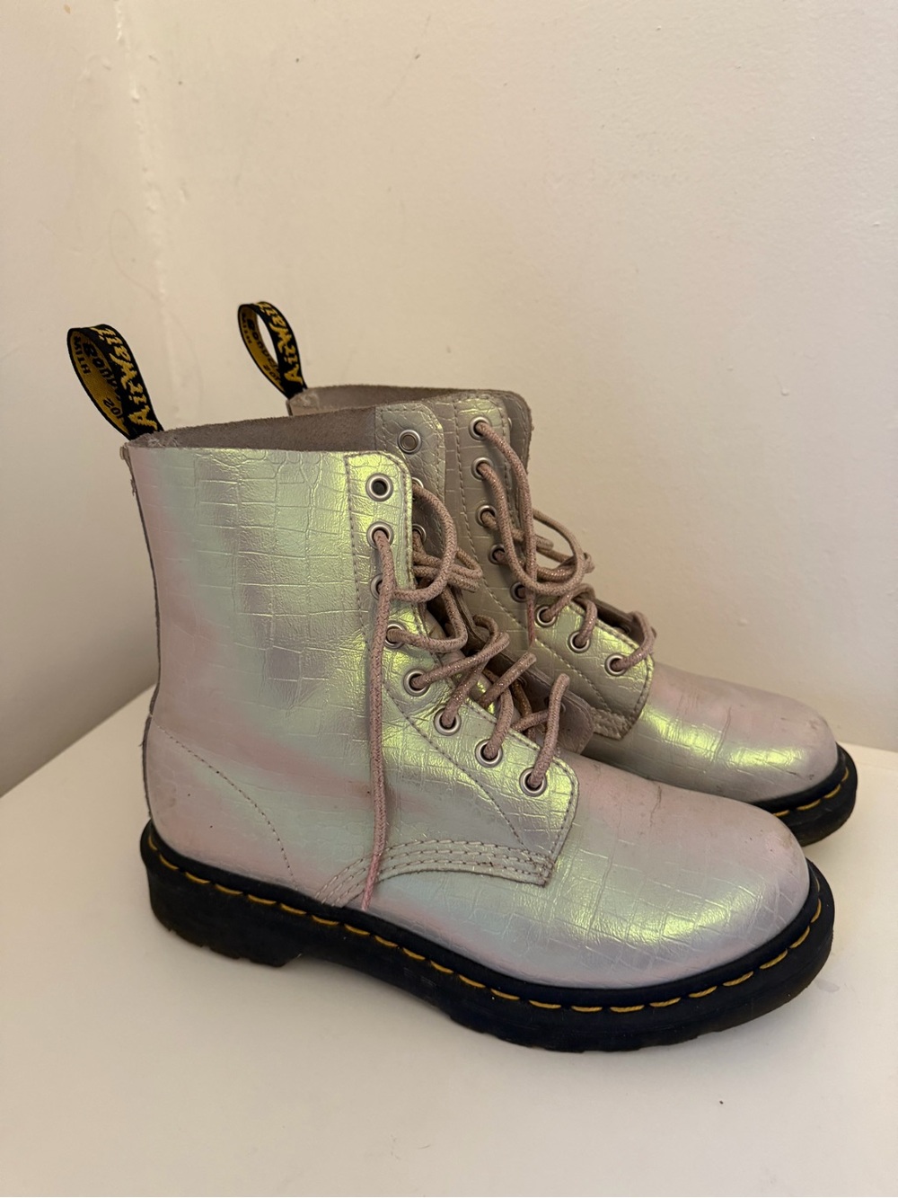 Dr. Martens Iridescent Pink Croc Lace-Up Boots